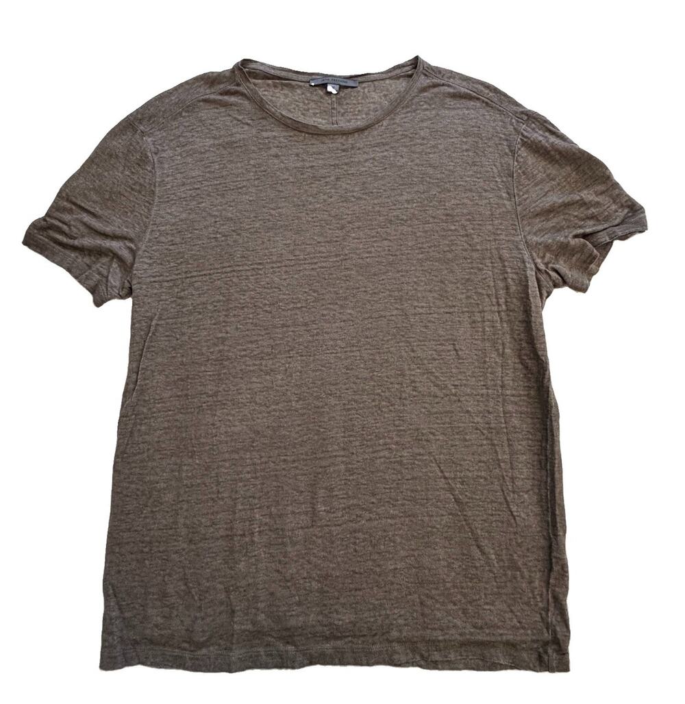 John Varvatos Shirt Men’s M 100% Linen Slub Knit Crewneck Dark Green Brown